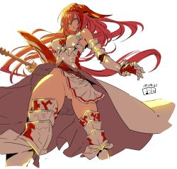Rule 34 | 1girl, armor, bare shoulders, blue eyes, breasts, detached collar, fbc, gauntlets, gloves, godsworn alexiel, granblue fantasy, hair between eyes, hair ornament, large breasts, long hair, looking at viewer, no panties, open mouth, red hair, skirt, solo, sword, transparent background, very long hair, weapon