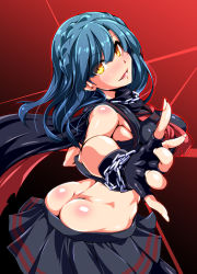 Rule 34 | 10s, 1girl, alternate costume, arched back, ass, blue hair, blush, breasts, butt crack, cape, chain, eyes visible through hair, fingerless gloves, fingernails, gloves, highres, idol heroes (idolmaster), idolmaster, idolmaster million live!, kanten, lips, long hair, looking at viewer, medium breasts, midriff, nanao yuriko, no pants, open mouth, pleated skirt, school uniform, serafuku, shiny clothes, shiny skin, short hair, skirt, sleeveless, smile, solo, teeth, thighhighs, tongue, twisted torso, yellow eyes