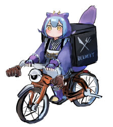 Rule 34 | 1girl, apron, backpack, bag, bicycle, black bag, blue hair, cycroid, delivery, dragon girl, dragon horns, dragon tail, dress, duel monster, food delivery box, hatano kiyoshi, highres, holding, horns, laundry dragonmaid, maid, maid apron, multicolored hair, parody, riding, riding bicycle, short hair, simple background, solo, tail, wa maid, white background, yellow eyes, yu-gi-oh!