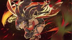 Rule 34 | 1girl, animal ears, artist request, aura, black background, black hair, blue eyes, bracelet, breasts, claws, dehya (genshin impact), floating hair, gauntlets, genshin impact, gold, hanging breasts, highres, holding, holding weapon, jewelry, large breasts, long hair, looking at viewer, one leg raised, red background, serious, shorts, sword, weapon