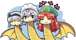 Rule 34 | +++, :3, anger vein, beret, bow, braid, closed eyes, colonel aki, comic, commentary request, dragon wings, godzilla: king of the monsters, godzilla: the planet eater, godzilla (series), hair between eyes, hair bow, hairband, hat, hong meiling, izayoi sakuya, king ghidorah, king ghidorah (monsterverse), konpaku youmu, legendary pictures, long hair, maid headdress, monsterverse, multiple heads, open mouth, red hair, short hair, silver hair, smile, star (symbol), sweatdrop, toho, touhou, translation request, triangle mouth, twin braids, wings