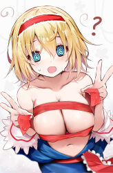 Rule 34 | 1girl, ?, @ @, absurdres, alice margatroid, blonde hair, blue dress, blue eyes, blush, breasts, cleavage, collarbone, dress, efe, hair between eyes, hairband, highres, hypnosis, large breasts, lolita hairband, mind control, navel, open mouth, red hairband, red ribbon, revision, ribbon, short hair, simple background, solo, touhou, white background