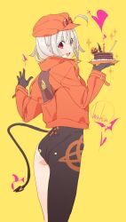 Rule 34 | 1girl, :d, ahoge, artist name, ass, asymmetrical clothes, birthday cake, black gloves, black pants, cabbie hat, cake, cake slice, candle, collared jacket, cowboy shot, detached ahoge, food, from behind, gloves, hat, henken, high collar, highres, holding, holding plate, jacket, long sleeves, looking at viewer, looking back, open mouth, orange hat, orange jacket, orange nails, original, pants, plate, print pants, red eyes, ribbed hat, short hair, signature, simple background, single pantsleg, smile, solo, tail, turning head, white hair, yellow background