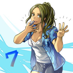 Rule 34 | 1girl, :d, black shorts, blowing whistle, blue shirt, breasts, brown hair, cleavage, collarbone, dress shirt, green eyes, high ponytail, holding, jin (phoenixpear), leaning forward, long hair, looking at viewer, medium breasts, minamo setouchi, open clothes, open mouth, open shirt, shirt, short shorts, short sleeves, shorts, smile, solo, standing, whistle, white background, white shirt, zanki zero