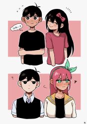 Rule 34 | 1boy, 1girl, :&gt;, age comparison, aubrey (faraway) (omori), aubrey (headspace) (omori), aubrey (omori), black eyes, black shirt, black sweater, blush, bow, bright pupils, closed eyes, closed mouth, collarbone, embarrassed, expressionless, green eyes, hair bow, hairband, highres, jacket, k toast, long sleeves, looking at another, omori, pink bow, pink shirt, shirt, short sleeves, smile, sunny (omori), sweater, thought bubble, white jacket, white pupils, white shirt