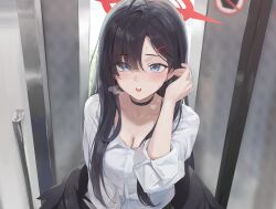 Rule 34 | 1girl, absurdres, black choker, black hair, black wings, blue archive, breasts, choker, cleavage, collarbone, commentary request, door, hair ornament, hairclip, halo, highres, ichika (blue archive), long hair, long sleeves, looking at viewer, low wings, medium breasts, open mouth, parted bangs, partial commentary, rang go, red halo, revision, shirt, solo, teeth, upper body, upper teeth only, white shirt, wings