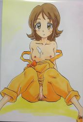Rule 34 | 1girl, ashigaki radar, bar censor, blush, bow, breasts, brown hair, censored, collarbone, crotchless, cum, cum on body, cum on breasts, cum on upper body, happinesscharge precure!, highres, looking at viewer, medium breasts, nipples, oomori yuuko, open mouth, precure, pussy, shoes, short hair, sitting, strap slip, sweat, yellow background, yellow eyes, yellow footwear, yellow overalls