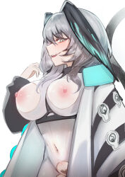 Rule 34 | 1girl, absurdres, adjusting clothes, aqua eyes, arknights, bodysuit, breasts, coat, covered navel, cowboy shot, crotch cutout, elsi, fang, female pubic hair, framed breasts, grey hair, hand up, head wings, heart, highres, ho&#039;olheyak (arknights), impossible bodysuit, impossible clothes, large breasts, long hair, long sleeves, looking at viewer, nipples, open clothes, open coat, open mouth, pubic hair, see-through, simple background, solo, tail, teeth, upper teeth only, white background, white bodysuit, white coat, wings