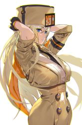 Rule 34 | 1girl, ashiomi masato, blonde hair, blue eyes, breasts, closed mouth, fingerless gloves, fur hat, gloves, guilty gear, guilty gear strive, hat, long hair, looking at viewer, millia rage, simple background, solo, very long hair, white background