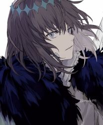 Rule 34 | 1boy, alternate hair color, arthropod boy, black fur, black hair, blue eyes, cape, collared shirt, commentary request, crown, diamond hairband, expressionless, fate/grand order, fate (series), fur collar, highres, insect wings, long sleeves, looking at viewer, male focus, medium hair, nozz177, oberon (fate), oberon (third ascension) (fate), official alternate costume, shirt, simple background, solo, spoilers, upper body, white background, white shirt, wings
