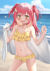 Rule 34 | 1girl, beach, bikini, blush, breasts, collarbone, commentary request, commission, cowboy shot, frilled bikini, frills, hair ornament, hairclip, halterneck, highres, holding, holding towel, legs apart, long hair, looking at viewer, navel, nedia (nedia region), ocean, open mouth, original, pink hair, sand, skeb commission, small breasts, solo, sparkle, swimsuit, towel, two side up, wing hair ornament, yellow bikini, yellow eyes