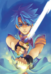 Rule 34 | 1boy, black gloves, blue background, blue eyes, blue hair, blue theme, dragon quest, dragon quest vi, frown, gloves, glowing, haruno (haruc77), hero (dq6), holding, holding sword, holding weapon, jewelry, lowres, male focus, matching hair/eyes, necklace, solo, spiked hair, sword, v-shaped eyebrows, weapon