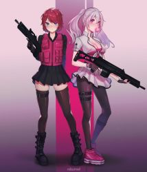 Rule 34 | 2girls, ash-12.7, assault rifle, battle rifle, blue eyes, boots, breasts, blowing bubbles, bullpup, call of duty, chewing gum, cleavage, fingerless gloves, full body, gloves, gun, h&amp;k g36, highres, knife, light machine gun, modern warfare (2019), multiple girls, original, pantyhose, pink hair, purple eyes, red hair, rifle, roll out road, shak-12, shoes, short hair, skirt, sneakers, thighhighs, twintails, vest, watch, weapon
