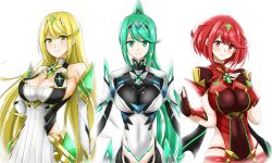 Rule 34 | 3girls, armor, blonde hair, blush, breasts, cleavage, commentary request, covered navel, dress, earrings, elbow gloves, female focus, fingerless gloves, gem, gloves, green eyes, green hair, hair ornament, headpiece, highres, hisin, jewelry, large breasts, long hair, looking at viewer, matching hair/eyes, mechanical wings, multiple girls, multiple persona, mythra (xenoblade), nintendo, panties, pneuma (xenoblade), ponytail, pyra (xenoblade), red eyes, red hair, red shorts, short hair, short shorts, shorts, shoulder armor, simple background, smile, spoilers, swept bangs, thigh strap, thighhighs, tiara, underwear, very long hair, white background, white dress, wings, xenoblade chronicles (series), xenoblade chronicles 2, yellow eyes