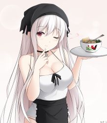 Rule 34 | 1girl, apron, bandana, bare arms, bare shoulders, black ribbon, bowl, breasts, camisole, choker, chopsticks, cleavage, closed mouth, collarbone, commentary, finger to mouth, food, girls&#039; frontline, hands up, heart, highres, holding, holding tray, kar98k (girls&#039; frontline), keenh, large breasts, long hair, looking at viewer, no pants, noodles, one eye closed, panties, red eyes, ribbon, shirt, sleeveless, sleeveless shirt, smile, solo, spaghetti strap, tray, underwear, upper body, very long hair, waist apron, white hair, white panties, white shirt