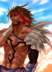 Rule 34 | 00s, 1boy, abs, applemac, armor, bandages, bandana, beard, brown eyes, brown hair, chest tattoo, cloud, dark-skinned male, dark skin, dissidia final fantasy, facial hair, final fantasy, final fantasy x, headband, highres, jecht, male focus, muscular, mustache, red eyes, rubbing neck, scar, sky, solo, tattoo, topless male