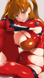 Rule 34 | 1girl, alternate breast size, bangs, blush, bodysuit, breasts, cleavage, closed mouth, evangelion: 3.0+1.0 thrice upon a time, highres, kemigawa mondo, large breasts, long hair, looking at viewer, neon genesis evangelion, nipples, orange hair, plugsuit, puffy nipples, rebuild of evangelion, red bodysuit, shiny, shiny clothes, shiny skin, sitting, smile, soryu asuka langley, thighs, torn bodysuit, torn clothes, twintails, two side up, very long hair