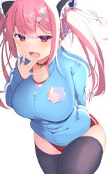 Rule 34 | 1girl, animal collar, arm behind back, bad id, bad pixiv id, bloomers, blue jacket, breasts, collar, commentary request, fang, gym shorts, hair ornament, hair ribbon, hairclip, hand to own mouth, highres, hiiragi ken, jacket, jewelry, large breasts, long sleeves, looking at viewer, open mouth, original, pink hair, red bloomers, red collar, red eyes, red shorts, ribbon, ring, short shorts, shorts, simple background, skin fang, sleeves past wrists, solo, standing, twintails, white background, white ribbon, zipper pull tab