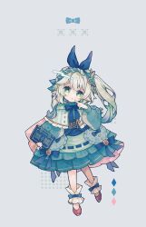 Rule 34 | !, 1girl, :o, alternate costume, alternate hair color, animal-shaped eyes, blue bow, blue bowtie, blue dress, blue hair, book, bow, bowtie, brown footwear, capelet, commentary, diamond (shape), dress, dress bow, frilled capelet, frilled dress, frills, full body, genshin impact, gradient hair, green eyes, grey background, hair bow, highres, holding, holding book, lolita fashion, maid headdress, multicolored hair, nahida (genshin impact), open mouth, pandadada 0311, parted lips, pointing, pointing at self, pointy ears, polka dot, polka dot background, simple background, socks, solo, white hair, white socks