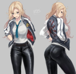 Rule 34 | 1girl, alternate costume, ass, badge, black pants, blue neckwear, commentary request, grey background, hands in pockets, haruto (harut n), hornet (kancolle), jacket, kantai collection, letterman jacket, multicolored jacket, multiple views, necktie, pants, pantylines, simple background, sukajan, two-tone jacket