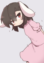 Rule 34 | 1girl, animal ears, arms behind back, black hair, blush, breasts, commentary request, cowboy shot, dress, floppy ears, frilled dress, frilled sleeves, frills, grey background, highres, inaba tewi, leaning forward, looking at viewer, ooyama bokuchi, pink dress, puffy short sleeves, puffy sleeves, rabbit ears, red eyes, ribbon-trimmed dress, short hair, short sleeves, simple background, small breasts, smile, solo, thick eyebrows, touhou