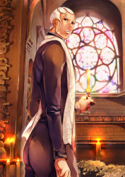 Rule 34 | 1boy, candle, church, dark skin, dark-skinned male, enrico pucci, ffc, jojo no kimyou na bouken, male focus, md5 mismatch, priest, short hair, solo, stained glass, stole, very short hair, white hair