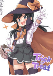 Rule 34 | 1girl, :d, asashio (kancolle), basket, black cape, black hair, black thighhighs, blue eyes, bow, candy, cape, cowboy shot, cropped legs, ebifurya, food, gloves, grey skirt, halloween, hat, highres, kantai collection, long hair, open mouth, orange bow, outstretched arm, pleated skirt, shirt, simple background, skirt, smile, solo, suspender skirt, suspenders, thighhighs, trick or treat, v-shaped eyebrows, white background, white gloves, white shirt, witch hat