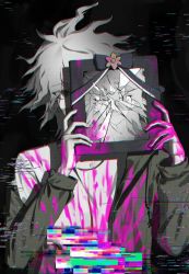 Rule 34 | 1boy, black background, black bow, blood, blood on clothes, blood on hands, bow, broken glass, danganronpa (series), danganronpa 2: goodbye despair, dinwoon, glass, glitch, green jacket, grey hair, hands up, highres, holding, iei, jacket, komaeda nagito, long sleeves, looking at viewer, male focus, messy hair, off shoulder, open clothes, open jacket, pink blood, shirt, short hair, solo, upper body, white hair
