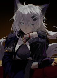 Rule 34 | 1girl, absurdres, animal ears, arknights, arm rest, black capelet, black gloves, black jacket, blood, blood on face, blood on hands, blue eyes, capelet, chinese commentary, commentary request, elbow rest, gloves, gradient background, hair ornament, hairclip, highres, jacket, lappland (arknights), long hair, long sleeves, moriiii, scar, scar across eye, simple background, single glove, slit pupils, smile, solo, upper body, white hair, wolf ears