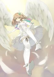 Rule 34 | 1girl, angel wings, bad id, bad pixiv id, bare shoulders, blonde hair, boots, dress, elbow gloves, feathers, flying, gloves, green eyes, hair ornament, highres, looking down, original, pointy ears, short hair, shorts, smile, solo, thigh boots, thighhighs, u nagi, white gloves, wings