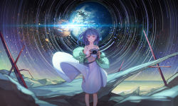 Rule 34 | 1girl, abstract, bare shoulders, blue hair, blurry, broken, camera, clothes lift, depth of field, dress, dress lift, earth (planet), floating hair, highres, holding, jacket, looking at viewer, mt (ringofive), original, planet, purple eyes, shooting star, sky, sleeveless, solo, star (sky), star trail, starry sky, white dress, wind