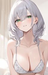 1girl aria_(ariacue) bare_shoulders bra breasts cleavage collarbone commentary_request crossed_bangs double-parted_bangs fanged_bangs green_eyes grey_hair hair_between_eyes highres hololive lace lace_bra large_breasts looking_at_viewer medium_hair parted_lips shirogane_noel solo underwear upper_body virtual_youtuber white_bra