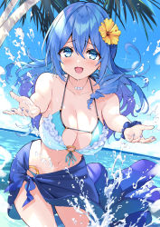 Rule 34 | 1girl, :d, bare shoulders, beach, bikini, blue bikini, blue eyes, blue hair, blue skirt, blue sky, blush, breasts, cleavage, cloud, collarbone, day, flower, hair between eyes, hair flower, hair ornament, halterneck, hibiscus, hisen kaede, jewelry, large breasts, long hair, looking at viewer, nail polish, navel, necklace, o-ring, o-ring bikini, ocean, open mouth, original, outdoors, palm tree, sarong, scrunchie, skirt, sky, smile, solo, standing, string bikini, sunlight, swimsuit, tree, water, water drop, wrist scrunchie