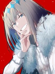 Rule 34 | 1boy, blue eyes, cape, collared shirt, crown, diamond hairband, fate/grand order, fate (series), fur-trimmed cape, fur trim, grey hair, hand on own face, long sleeves, looking at viewer, male focus, medium hair, nekopan (nekopannti), no wings, oberon (fate), oberon (third ascension) (fate), red background, shirt, signature, simple background, smile, solo, upper body, white shirt