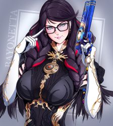 Rule 34 | 1girl, bayonetta, bayonetta (series), bayonetta 3, between breasts, black bodysuit, blush, bodysuit, braid, breasts, brown hair, character name, closed mouth, commentary, earrings, english commentary, glasses, gloves, gold trim, green eyes, gun, handgun, highres, holding, holding gun, holding weapon, index finger raised, jewelry, large breasts, lips, long hair, looking at viewer, mole, mole under mouth, multicolored hair, necklace, parted bangs, pistol, red hair, solo, spiritdraws x, streaked hair, twin braids, two-tone hair, upper body, weapon, white gloves