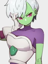 Rule 34 | 1girl, bodysuit, breasts, cheelai, closed mouth, colored skin, dragon ball, dragon ball super, dragon ball super broly, gloves, green skin, grey background, hand on own cheek, hand on own face, kemachiku, looking to the side, medium breasts, pink eyes, purple bodysuit, short hair, simple background, solo, white gloves, white hair