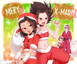Rule 34 | 10s, 2017, 2boys, 2girls, :d, adapted costume, alien, alternate costume, alternate hairstyle, arm warmers, bare arms, bare shoulders, belt, belt buckle, black belt, black hair, blush, breasts, brown eyes, buckle, buttons, caulifla, christmas, collarbone, colored skin, crop top, dated, dragon ball, dragon ball super, earrings, ears visible through hair, english text, engrish text, eyebrows, eyelashes, eyes visible through hair, fake beard, fake facial hair, fang, fur collar, fur trim, grey eyes, hair down, hair intakes, hat, head tilt, hit (dragon ball), holding, holding sack, jewelry, kale (dragon ball), kyabe, legs apart, lips, looking at another, meiousei (mamea), merry christmas, multiple boys, multiple girls, navel, open mouth, over shoulder, pants, pom pom (clothes), purple skin, ranguage, red hat, red pants, red shirt, sack, santa costume, santa hat, shirt, short hair, short sleeves, single hair intake, small breasts, smile, snowflake background, snowflake earrings, snowflakes, speech bubble, spiked hair, standing, stomach, strapless, teeth, tube top, twitter username, typo, v-shaped eyebrows