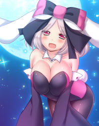 Rule 34 | 1girl, animal ears, bad id, bad pixiv id, bare shoulders, blush, bow, breasts, cleavage, collarbone, detached collar, detached sleeves, eyebrows, eyes visible through hair, fake animal ears, full moon, hair bow, large breasts, leaning forward, leotard, looking at viewer, moimoi (pop&#039;n music), moon, muraji0419, open mouth, pantyhose, parted bangs, pink eyes, playboy bunny, pop&#039;n music, rabbit ears, short hair, silver hair, solo, star (sky), wide sleeves