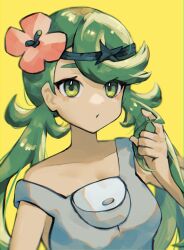 Rule 34 | 1girl, absurdres, asatte 3z, breasts, collarbone, creatures (company), flower, game freak, green eyes, green hair, hand up, headband, highres, long hair, mallow (pokemon), medium breasts, nintendo, pink flower, pokemon, pokemon sm, pout, simple background, solo, strap slip, swept bangs, twirling hair, upper body, yellow background