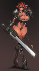 Rule 34 | 1girl, absurdres, armor, breasts, brown eyes, cleavage, closed mouth, commentary, dark skin, full body, gauntlets, gradient background, grey background, gurimjang, headgear, high heels, highleg, highleg leotard, highres, holding, holding weapon, large breasts, leotard, lips, looking at viewer, original, red-haired warrior (gurimjang), red hair, shadow, shiny skin, short hair, shoulder armor, simple background, smile, standing, tan, thighs, warrior, weapon