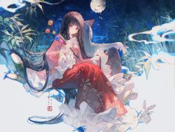 Rule 34 | 2girls, arm on knee, back-to-back, bad id, bad twitter id, bamboo, bamboo forest, black hair, bow, branch, closed mouth, commentary, commentary request, floral print, forest, frilled skirt, frilled sleeves, frills, fujiwara no mokou, full body, full moon, hair bow, highres, hime cut, holding, holding hair, houraisan kaguya, jeweled branch of hourai, long hair, long skirt, long sleeves, looking at viewer, maccha (mochancc), moon, multiple girls, nature, night, pants, pink shirt, rabbit, red eyes, red pants, red skirt, shirt, signature, sitting, skirt, smile, touhou, very long hair, white bow, white hair, white shirt, wide sleeves