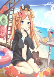 Rule 34 | abigail williams (fate), absurdres, animal, animal on head, bad id, bad pixiv id, bare legs, barefoot, beach, bikini, black jacket, blonde hair, blue bikini, blue eyes, blue sky, blush, bow, closed mouth, cloud, collarbone, commentary, crazy straw, crossed bandaids, day, drinking straw, dutch angle, fate/grand order, fate (series), flower, hair bow, hair flower, hair ornament, hands up, heart straw, highres, hood, hood down, hooded jacket, horizon, innertube, jacket, long hair, long sleeves, navel, ocean, octopus, on head, orange bow, outdoors, parfait, parted bangs, red flower, rot zzi, sand, sitting, sky, sleeves past fingers, sleeves past wrists, smile, solo, stuffed animal, stuffed toy, swim ring, swimsuit, teddy bear, twintails, very long hair, wariza, water, yellow flower