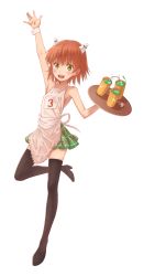 Rule 34 | 1girl, :d, apron, arm up, armpits, bad id, bad pixiv id, black thighhighs, breasts, brown hair, drinking straw, flat chest, full body, green eyes, highres, isshi pyuma, long legs, open mouth, original, short hair, sideboob, skirt, smile, solo, thighhighs, transparent, transparent background, tray, white background, wrist cuffs, yellow eyes