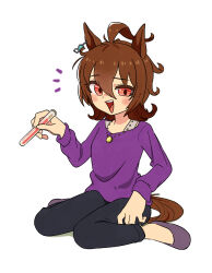 Rule 34 | 1girl, agnes tachyon (umamusume), ahoge, animal ears, appleq, black pants, brown hair, commentary request, full body, hair between eyes, highres, holding, horse ears, horse girl, horse tail, long sleeves, pants, purple footwear, purple shirt, red eyes, shadow, shirt, shoes, simple background, sitting, solo, tail, umamusume, vial, wariza, white background