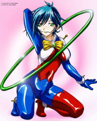 Rule 34 | 1990s (style), 1girl, allenby beardsley, blue bodysuit, blue hair, bodysuit, bow, breasts, g gundam, green eyes, gundam, high heels, hoop, jpeg artifacts, large breasts, legs, mobile trace suit, multicolored clothes, retro artstyle, shoes, short hair, solo, thighs, yellow bow