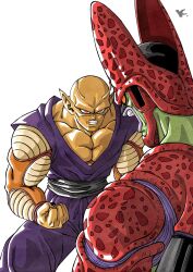 Rule 34 | 2boys, alien, antennae, bald, character request, clenched hand, clenched teeth, colored skin, dragon ball, highres, jumpsuit, kakeru (dbskakeru), multiple boys, open mouth, pointy ears, purple jumpsuit, red eyes, simple background, sleeveless, teeth, toriyama akira (style), white background, yellow skin