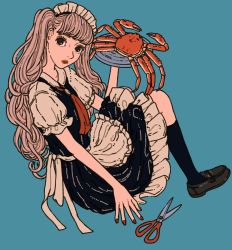 Rule 34 | 1girl, apron, aqua background, black dress, black eyes, black footwear, black socks, brown hair, crab, dress, frilled apron, frilled dress, frills, full body, highres, holding, holding plate, long hair, maid, maid apron, maid headdress, muted color, nail polish, original, parted lips, plate, puffy short sleeves, puffy sleeves, red nails, scissors, shoes, short sleeves, simple background, socks, solo, yuusei tsukiro