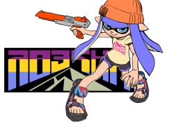 Rule 34 | 1girl, beanie, black shorts, blue eyes, blue hair, closed mouth, commentary request, dolphin shorts, full body, gun, hat, highres, sports sandals, holding, holding gun, holding weapon, inkling, inkling girl, inkling player character, long hair, n-zap (splatoon), nintendo, orange hat, pointy ears, print shirt, sandals, shirt, shorts, simple background, smile, solo, splatoon (series), splatoon 3, tentacle hair, weapon, white background, xdies ds, yellow shirt