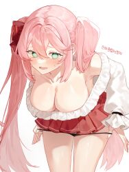 1girl bare_shoulders bow breasts cleavage commentary_request frilled_shirt frills green_eyes hair_bow highres korean_text large_breasts long_sleeves off-shoulder_shirt off_shoulder one_side_up original panties panty_pull pink_hair puffy_long_sleeves puffy_sleeves red_bow shirt simple_background solo standing thighs translation_request underwear undressing white_background white_shirt yeoleum