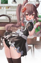 Rule 34 | 1girl, alternate costume, animal ears, apron, back bow, black dress, black panties, blush, bow, brown hair, brown thighhighs, ceiling light, chair, clothes lift, cowboy shot, cuffs, day, dress, dress lift, enmaided, fang, frilled dress, frills, from behind, genshin impact, highres, hu tao (genshin impact), indoors, leaf, looking at viewer, maid, maid apron, maid headdress, open mouth, panties, pantyshot, paw pose, plant, puffy short sleeves, puffy sleeves, red hair, short dress, short sleeves, sidelocks, smile, solo, standing, table, tail, thighhighs, tsukise miwa, twintails, underwear, white bow